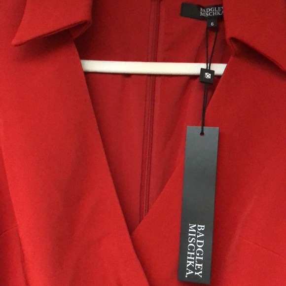 Badgley Mischka Sz 6 red cherry color knee-length dress w/ collar & belt v-neck - Picture 2 of 10